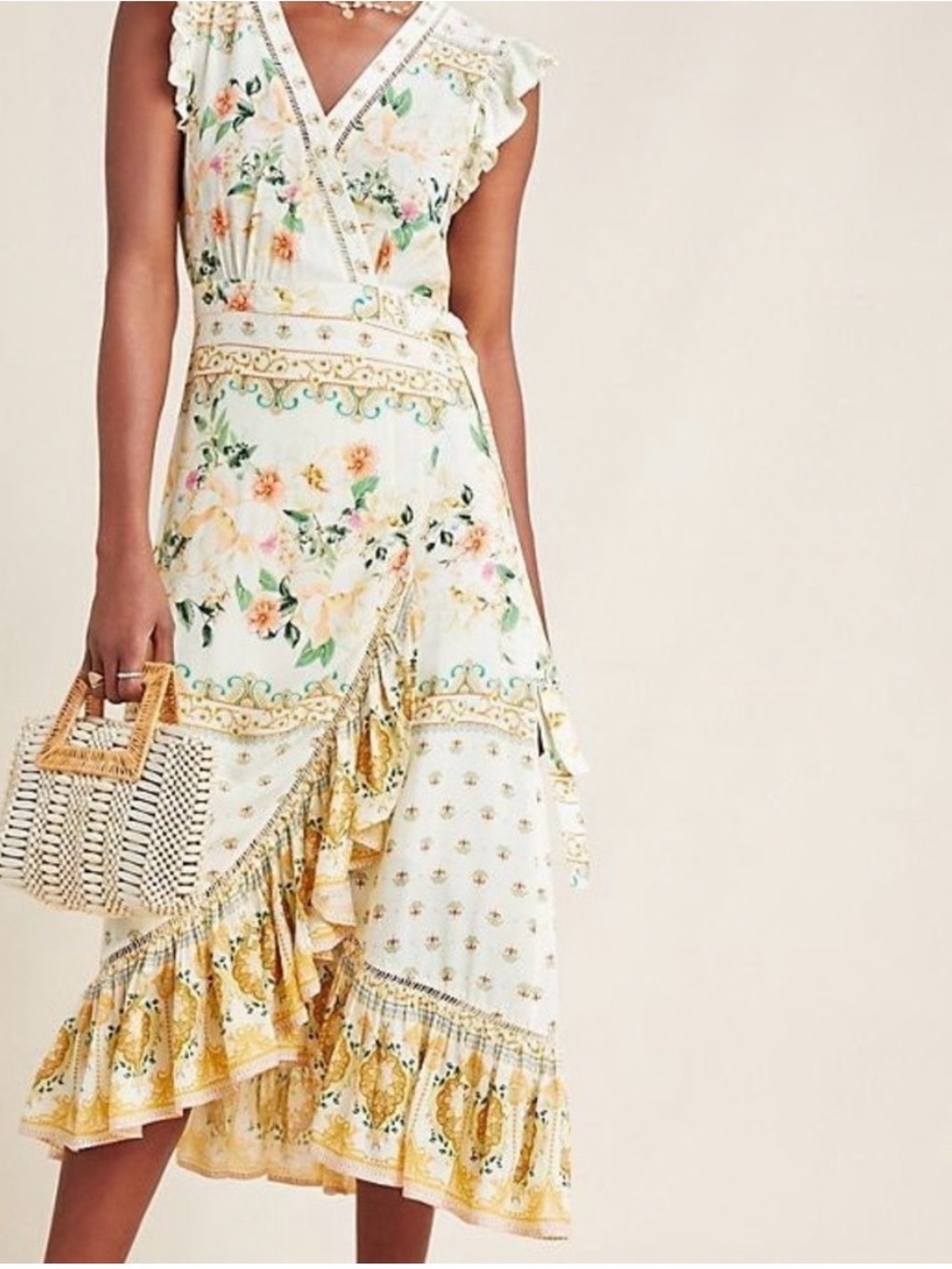 FARM Rio Anthropologie Tea Rose Midi Wrap Dress with Yellow and Green Accents XL - Picture 2 of 7